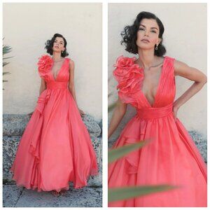 NEW Mac Duggal 48856 Size 6 Coral Ruffle V-Neck Chiffon Ballgown Gown Maxi Dress